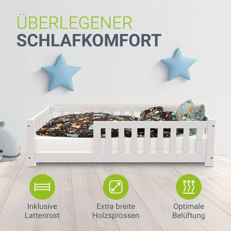 Juskys 'Naya' Kinderbett - mit Rausfallschutz & Lattenrost - für Kinder 3 -10 Jahre - modern, Holz Weiß, 80x160 cm – Bild 1