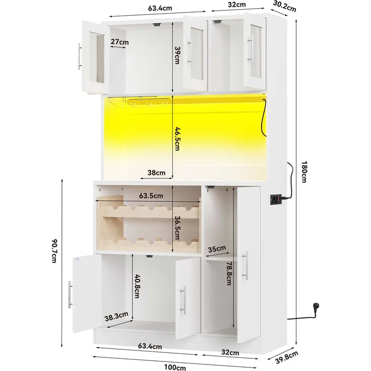 ZUBALIYA Buffetschrank 100 x 40 x 180 cm – Riffelglasfronten, RGB-LED mit Fernbedienung, 2 Steckdosen und USB, Weinregal für 10 Flaschen, MDF, Weiß – Bild 8