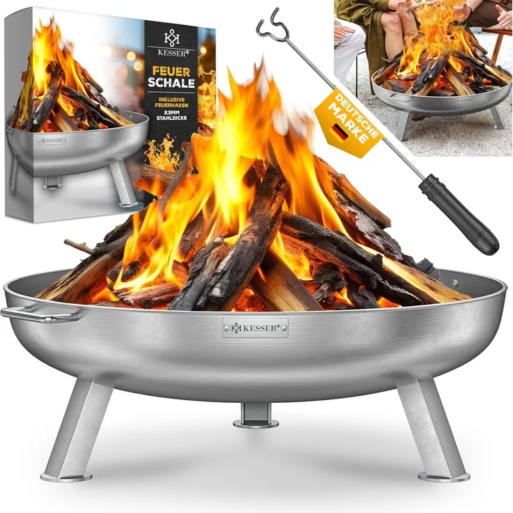 KESSER® Feuerschale mit 2,5 mm Stahldicke Feuerkorb aus Edelstahl / Stahl inklusive 42cm Feuerhaken aus Gusseisen, Wasserablauf & 2 stabile Griffe für Holz & Kohle Feuerstelle für Garten & Terrasse Ø 80 cm, Edelstahl