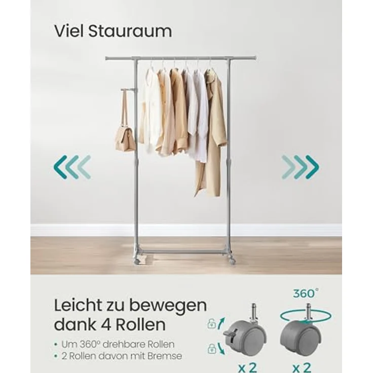 SONGMICS Kleiderständer auf Rollen, Kleiderstange, höhenverstellbar zwischen 97 und 165 cm, ausziehbare Garderobenstange, Garderobenständer, seitliche Haken für Accessoires, taubengrau LLR001G01 – Bild 5