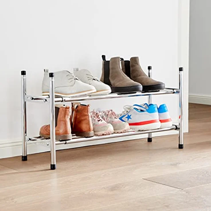 LOVE !T STORE !T Schuhregal Metall, schmal für bis zu 10 Paar Schuhe, chrom glänzend, stapelbar und stabil, seitlich ausziehbar bis 118 cm – Bild 2