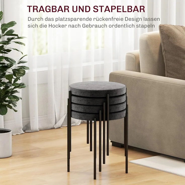 HOMCOM Esszimmerstuhl Thekenhocker mit gepolstertem Sitz, Rundhocker, Barhocker (Hocker, 4 St), für Wohnzimmer, Esszimmer, Dunkelgrau – Bild 5