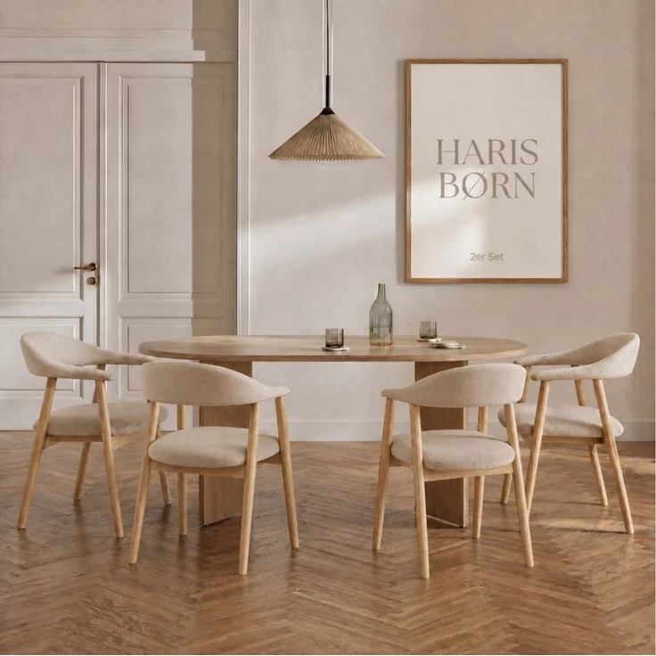 Haris Børn Esszimmerstuhl mit Armlehne (Massiv Eiche) - Polsterstühle für Esszimmer (Set, 4 St), Beige - Esszimmer Stühle & Esstisch Stühle - Moderner Polsterstuhl – Bild 1