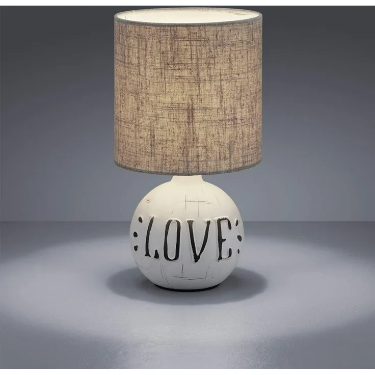 LED Tischleuchte Keramik-Sockel Schriftzug LOVE Stoffschirm Braun, Höhe 31cm