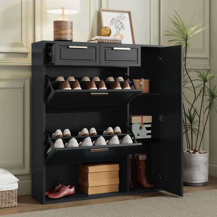 ZUBALIYA Schuhschrank (95 x 24 x 107 cm), 2 Schubladen, Verstellbare Einlegeböden, Stauraum für Flur und Eingangsbereich, Schwarz – Bild 3