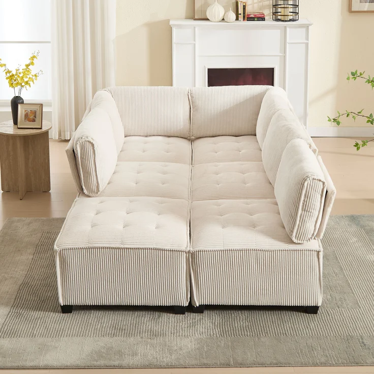 Modulares 6-Sitzer Sofa, ca. 308x154x82 cm, Beige Cord, mit Seitentaschen – Bild 3