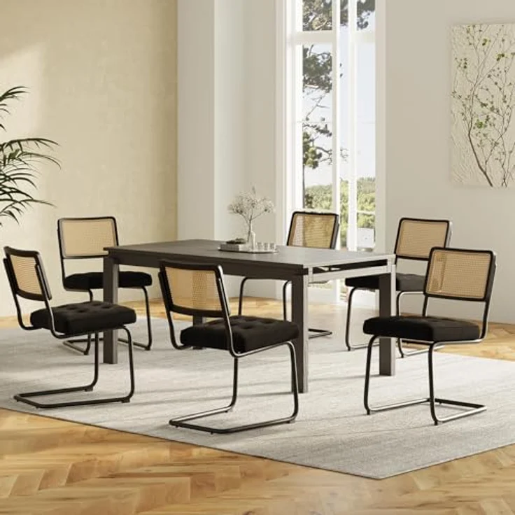 COLAMY Rattan Esstischstühle 6er Set, Samtbezug mit Metallgestell, Schwarz – Bild 2
