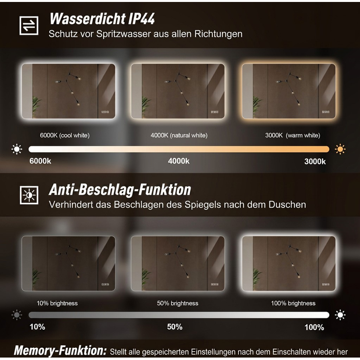 60 x 100cm LED Badezimmerspiegel mit Hintergrundbeleuchtung, Anti-Beschlag, 3 Lichtfarben, Stufenlos Dimmbar, Memory-Funktion, IP44 Wasserdicht, Horizontal & Vertikal Montierbar--Silber--100x60x2.9cm--YOUDENOVA – Bild 7
