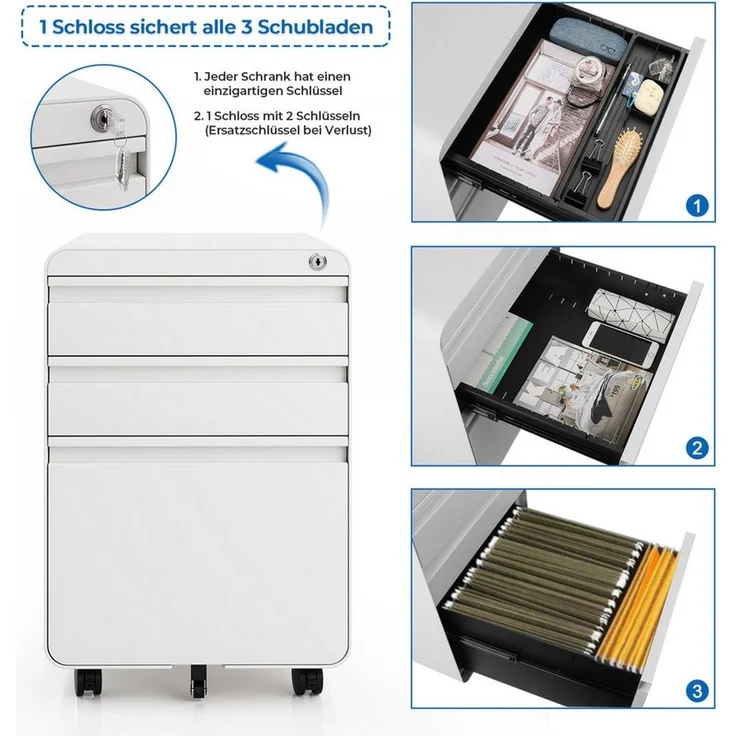 Dripex Aktenschrank Metall Rollcontainer Stahl Büroschrank mit 2/3 Schubladen – Bild 2
