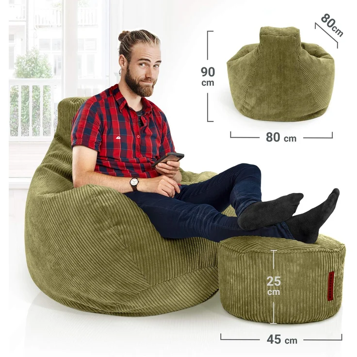 Green Bean® Sitzsack mit Hocker aus Cord - Sitzsäcke für das Wohnzimmer, Schlafzimmer, Sitzsack-Sessel für Erwachsene Grün – Bild 4