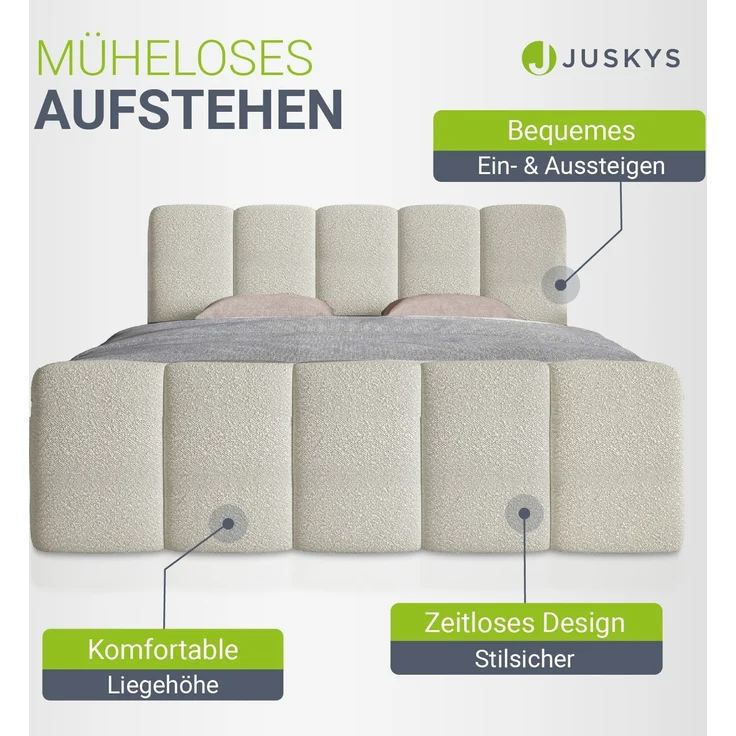 Juskys Boxspringbett Manitoba mit Bettkasten - Bouclé-Stoff, Gepolstertes Kopfteil mit Steppung & Stabile Konstruktion, Topper inklusive - Beige – Bild 3