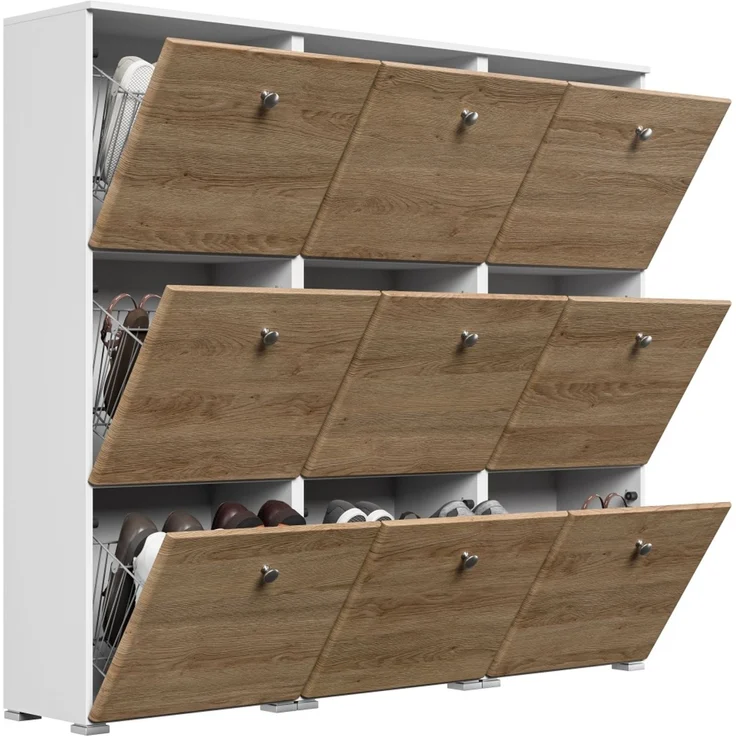 Schuhschrank XL Comfort 9 Klappen 36 Paar 157x141 cm Weiss-Eiche : Weissmatt / Eiche hell – Bild 5