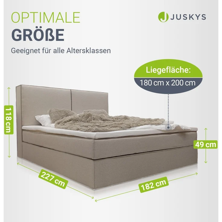 Juskys Boxspringbett Detroit 180x200 cm - Hochwertiger Chenille Stoff, inklusive Topper, komfortable Einstiegshöhe - Beige – Bild 6
