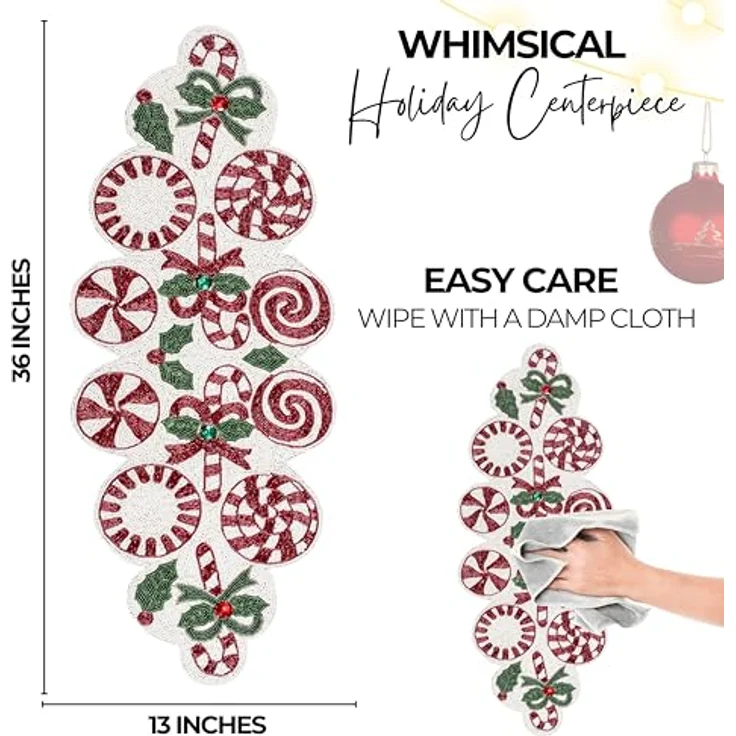 Alpha Living Home Weihnachtstischläufer 33x91,4 cm Candy Perlen Tischläufer Tischmatten für Küchentisch Home Decor Matte für Ernte, Hochzeit, Party Dekoration Rot/Grün/Weiß – Bild 5