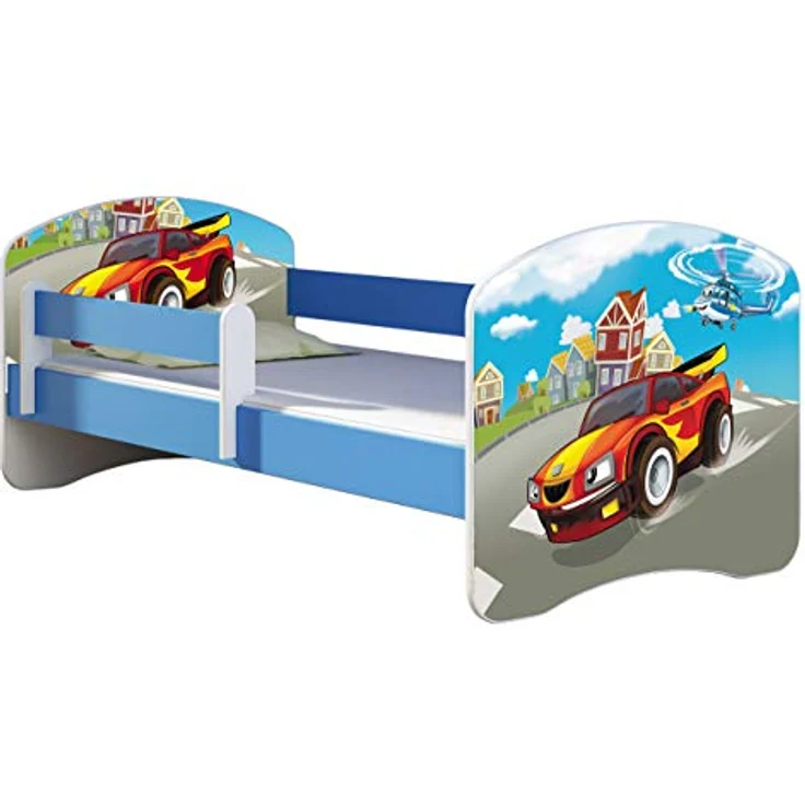 ACMA Kinderbett Jugendbett mit Einer Schublade und Matratze Blau mit Rausfallschutz Lattenrost II 140x70 160x80 180x80 (03 Racing Car, 140x70) – Bild 2