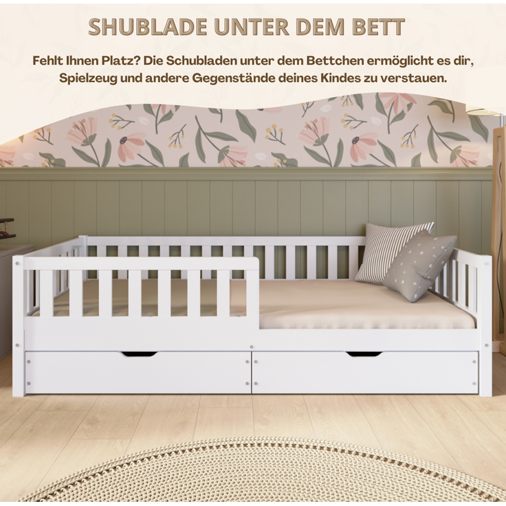 Crazy Pine 'Crazy Basic' Kinderbett mit Rausfallschutz, Skandinavisches Design, Holz, Weiß, 90x190 cm, mit Schublade – Bild 7