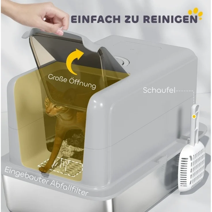 Katzentoilette aus Edelstahl mit Deckel und Streufilter, 40,5x60,5x41,5 cm, Grau – Bild 5