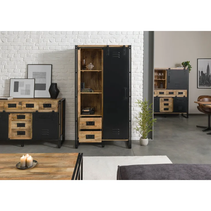 Wohnzimmerschrank Mango 105x45x195 natur klar lackiert / Metall schwarz BLACKBURN #104 – Bild 3