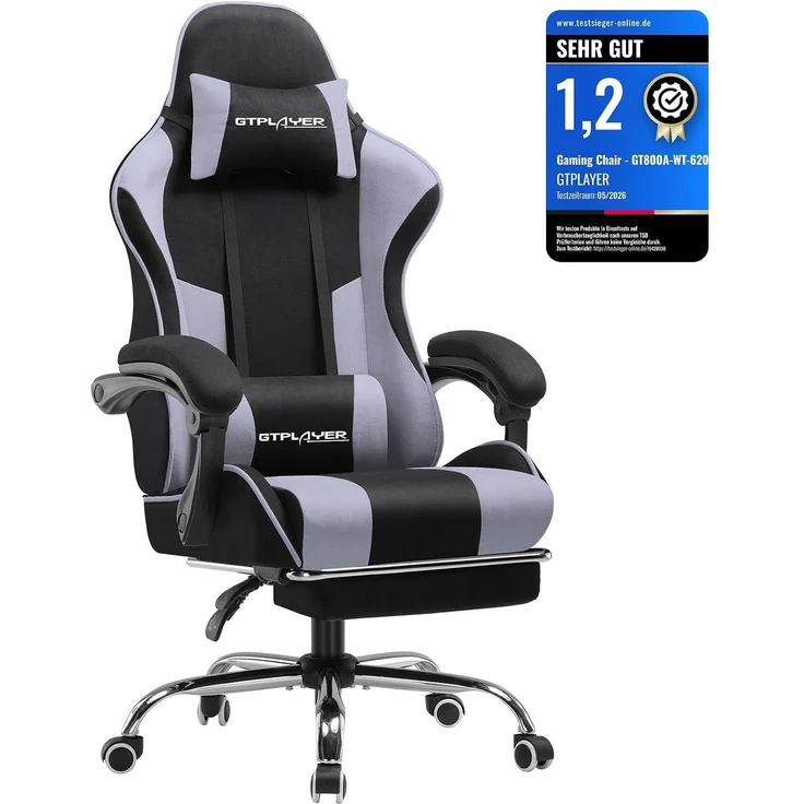 GTPLAYER Gaming Stuhl Stoff, Bürostuhl Massage Gaming Sessel Ergonomischer Gamer Stuhl mit Fußstütze, Kopfstütze Massage-Lendenkissen, Gepolstert Gaming Chair, Drehsessel, lila – Bild 1