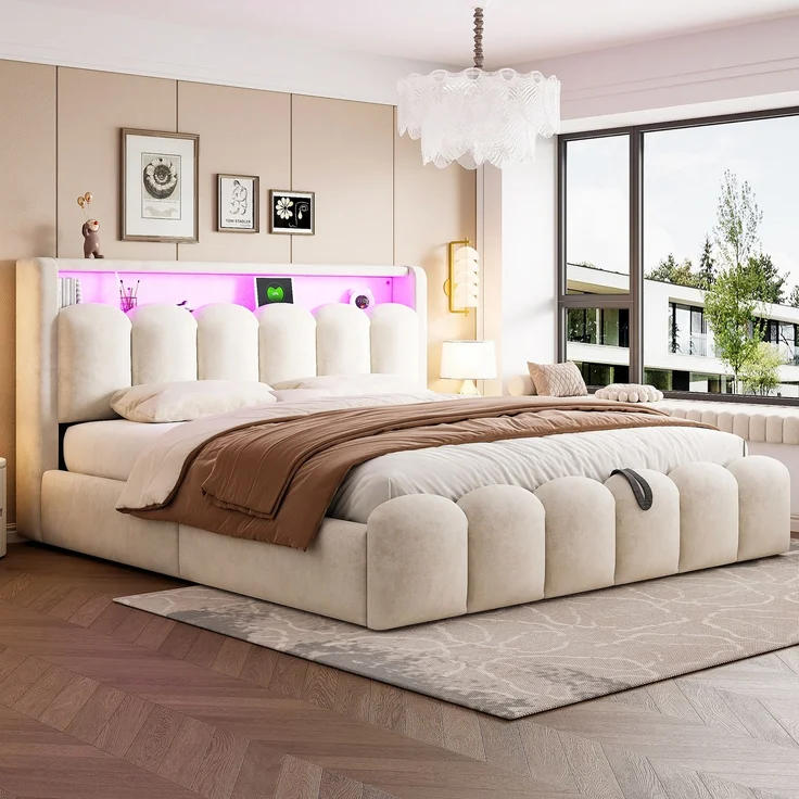 Polsterbett 180*200, Ausgestattet mit hydraulischer Staufunktionund Stauraum im Kopfteil, Doppelbett, Samtstoff,mit USB- und Typ-C-Anschlüssen, mit LED, weichem Samtstoff und Blütenblattdesign,Beige ( – Bild 3