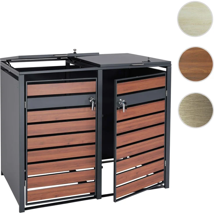 2er Mülltonnenverkleidung HWC-J81, Mülltonnenbox, erweiterbar, Metall 50kg, anthrazit ~ Kirsche-Holzoptik dunkelbraun – Bild 10