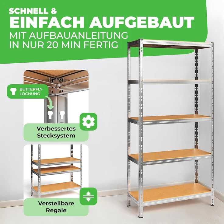 Ondis24 2er Set Metallregal Thomas, Lagerregal 90 x 40 x 180 (H) cm, Kellerregal bis 875kg belastbar, Silber, mit 5 Fachböden, je 175 kg belastbar, höhenverstellbar, Schwerlastregal (Easy-Mount) – Bild 3