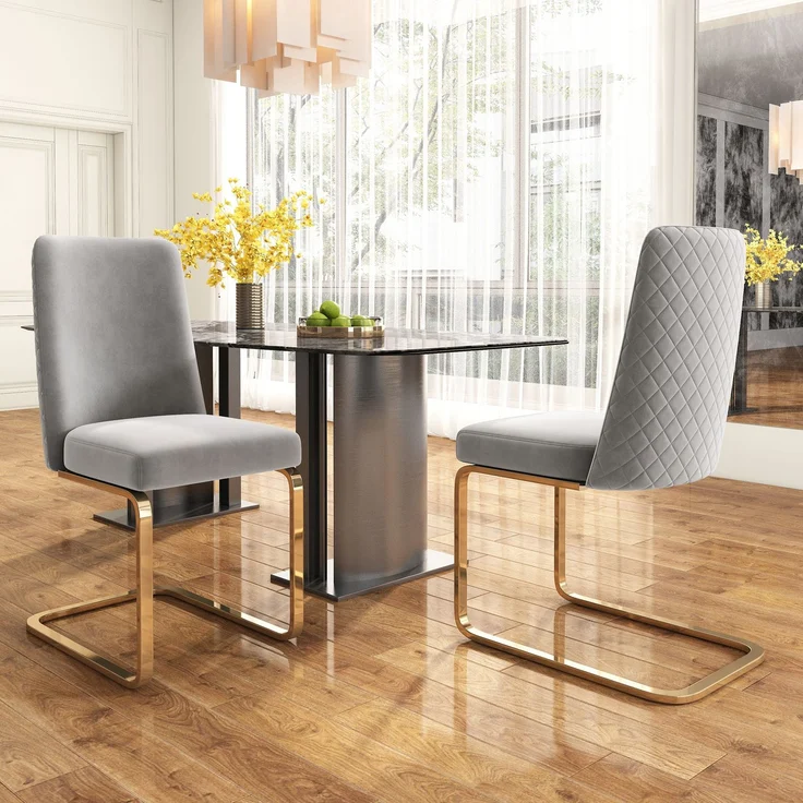 Esszimmerstuhl Samt Grau 2er Set mit Rauten Design Rückenlehne,Polsterstuhl ergonomisch gepolstert mit Metallbeinen, Loungesessel stilvoll weich – Bild 3