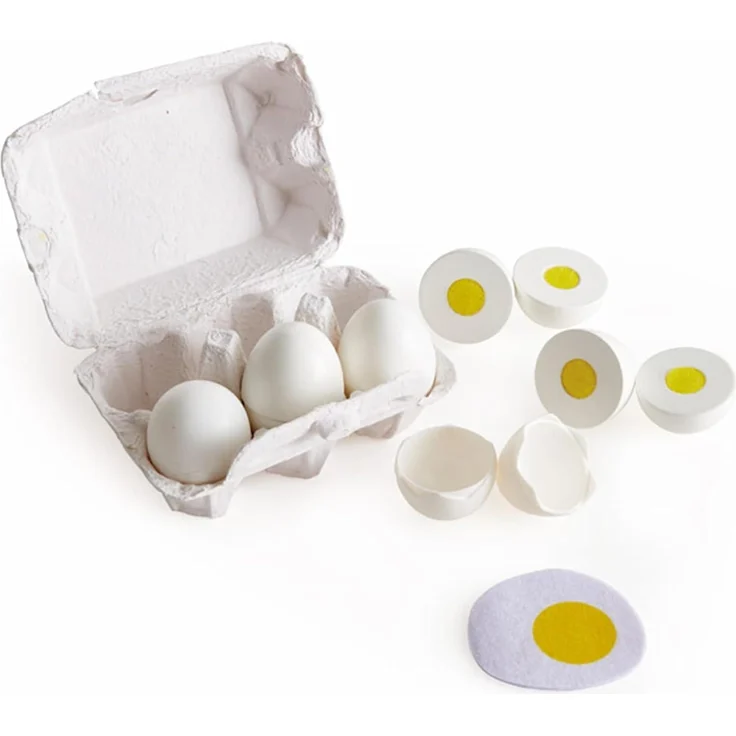 Hape E3156 - Eierkarton, mit 6 Eiern (drei hartgekochte Eier und drei Spiegeleier), Küchenspielzeugzubehör, Kaufladenzubehör – Bild 1