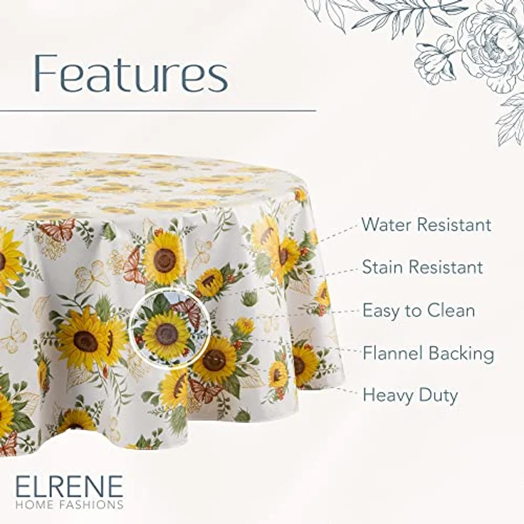 Elrene Home Fashions Sunflower Season Vinyl-Tischdecke mit Blumenmuster, Wasser- und schmutzabweisend, für drinnen und draußen, mit Flanell-Rückseite, 177,8x177,8 cm, rund – Bild 5