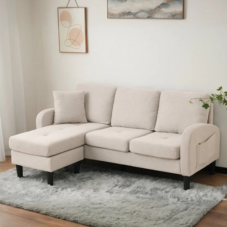 Merax Ecksofa Ecksofa L-förmiges Sofa 3-Sitzer aus Baumwoll-Leinenstoff, Polstersofa modular Sofa mit Chaiselongue, 166x118x77 cm – Bild 5