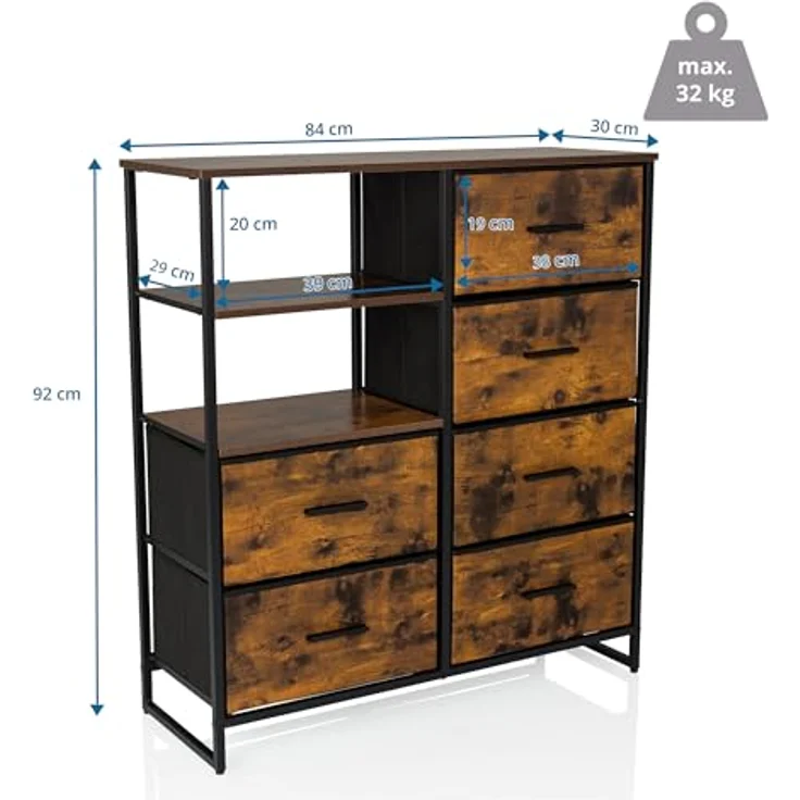 hjh LIVING Kommode mit 6 Schubladen, 2 offene Fächer RAGALA 84 x 30 x 92 cm Regalsystem Sideboard für Wohnzimmer Schlafzimmer Flur, Räuchereiche – Bild 4