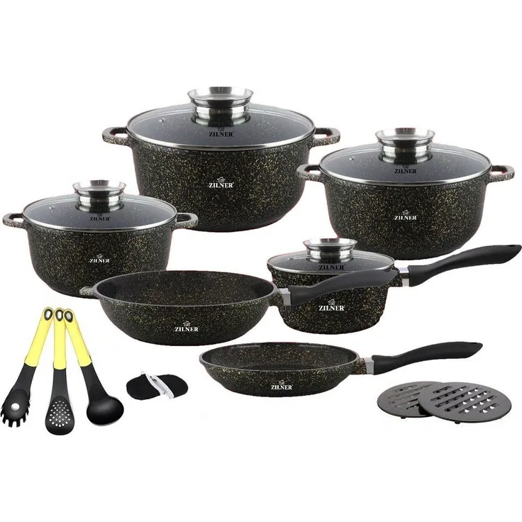 Zilner Topf-Set Schwarze Goldene Töpfe mit Pfannen und Kasserolle Steinbeschichtung, Aluminiumguss (sehr hochwertig, 17-tlg, Zeitloses Design des Topfsets. Eine ideale Geschenkidee)