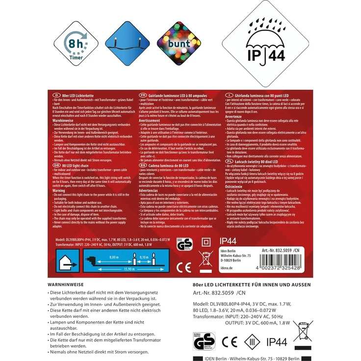 Idena LED-Lichterkette Idena 8325059 - LED Lichterkette mit 80 LEDs in Bunt, mit 8 Stunden – Bild 2