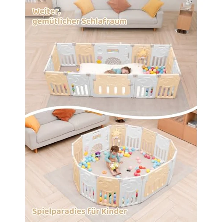 Dripex Faltbarer Laufstall Baby 150×150cm, Laufgitter Baby, Baby Playpen, Baby Laufstall mit Spielzeugboard, Laufstall in Anpassungsfähiger Form, Laufgitter aus Kunststoff, Gelb – Bild 7