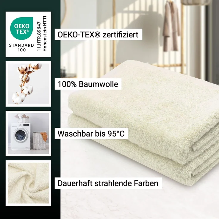 ZOLLNER Duschtücher 2er Set, 70x140 cm, creme, Baumwolle – Bild 3