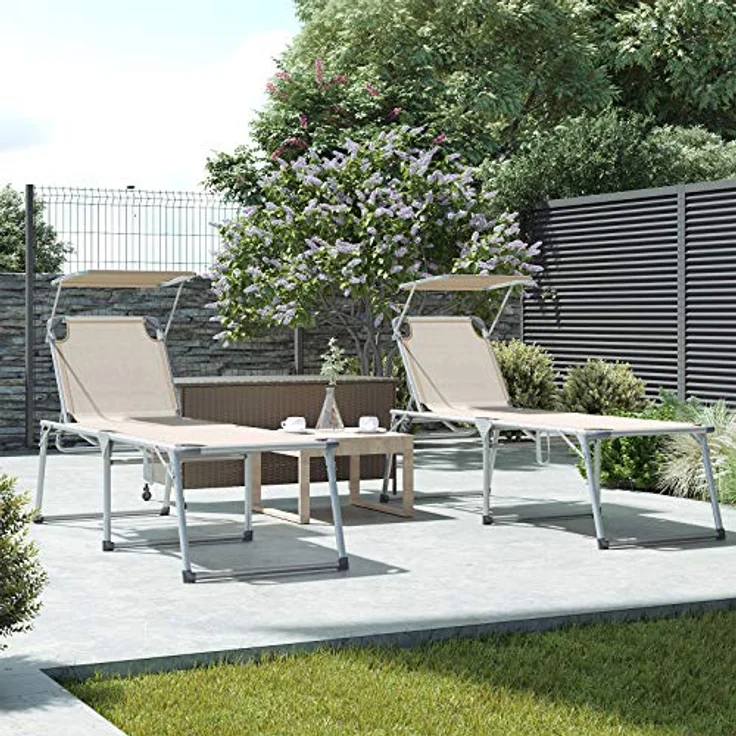 Songmics Sonnenliege mit Dach, Liegestuhl, Gartenliege, Aluminium, groß, 65 x 200 x 48 cm, bis 150 kg belastbar, Rückenlehne verstellbar, klappbar, Garten, Balkon, Terrasse, beige GCB26BE – Bild 8