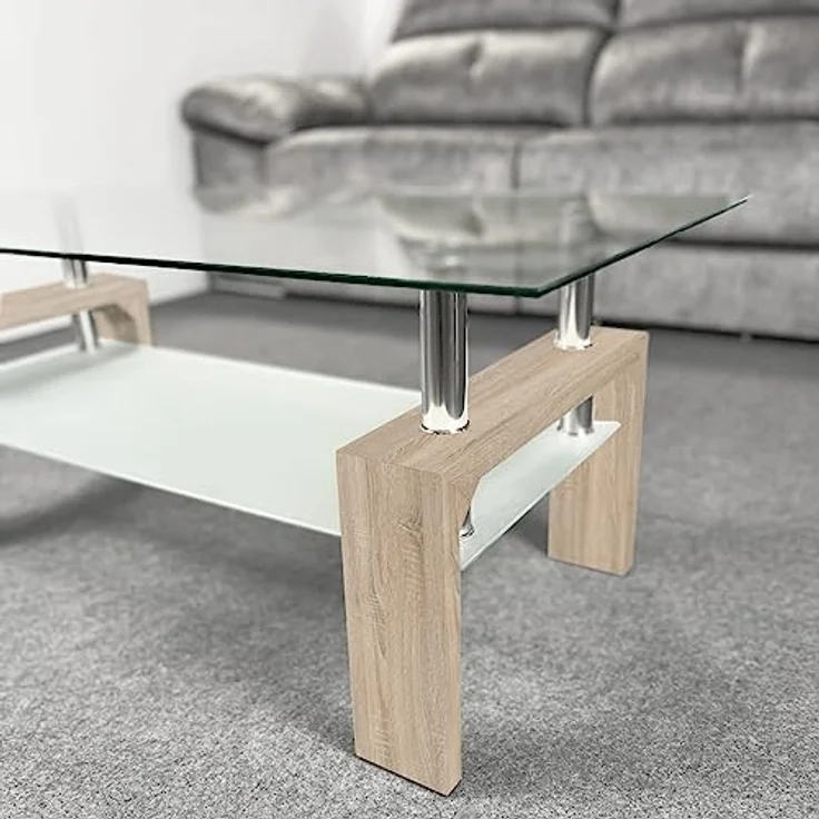 Homey Couchtisch aus Glas, für Wohnzimmer oder Esszimmer, Modell Tango, Holz, Cambria, 110 cm (Breite) x 55 cm (Tiefe) x 45 cm (Höhe) – Bild 6