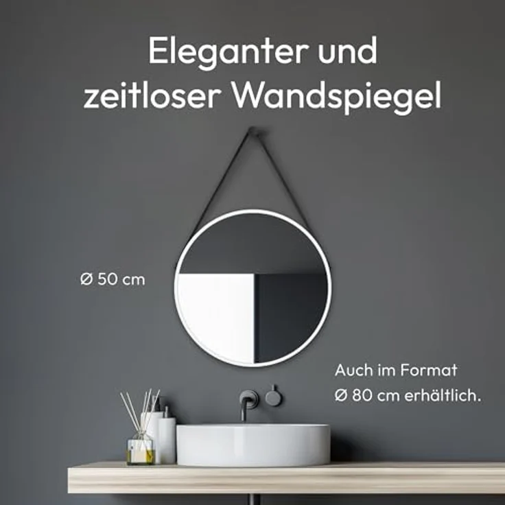 Talos Runder Wandspiegel Ø 50 cm, dekorativer Spiegel mit weiß mattem Aluminiumrahmen und Lederoptik-Aufhängung – Bild 3