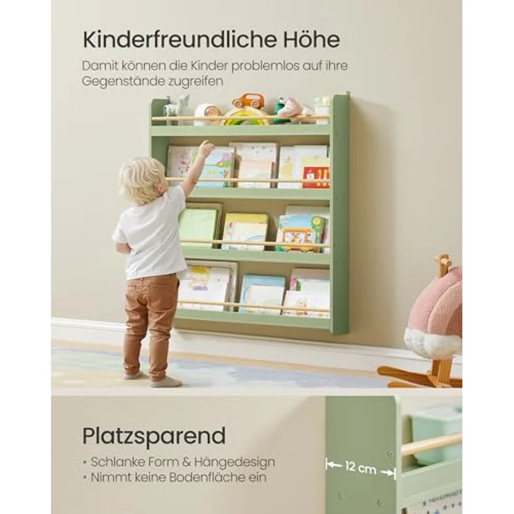 SONGMICS Bücherregal Kinder, Kinderregal mit 4 Ebenen, Spielzeugregal, Wandregal, für Kinderzimmer, Spielzimmer, lorbeergrün-naturfarben GKR014CE02 – Bild 7