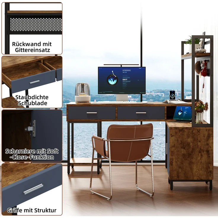 L-förmiger Schreibtisch mit Stauraum & Gitterrückwand, 140x140x135 cm, Schwarz/Naturholz – Bild 7