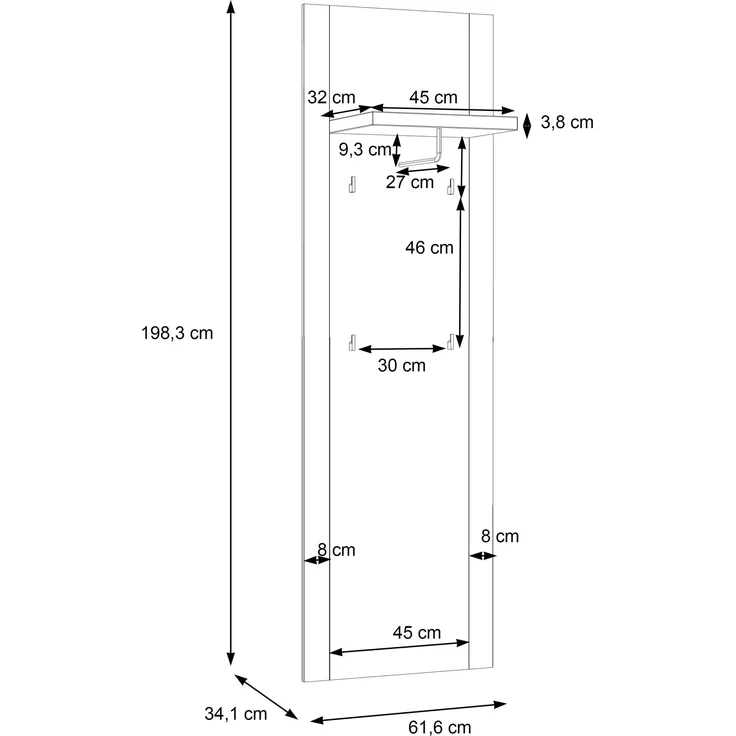 Garderobenpaneel >PORTLAND< in Sandeiche - 61,6x198,3x34,1cm (BxHxT) – Bild 5