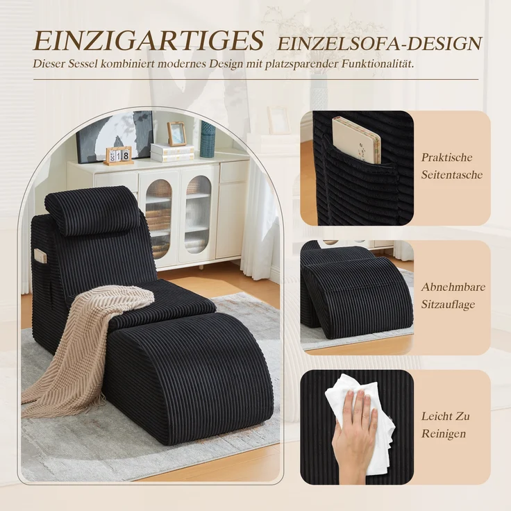 LVHOM Relaxsessel Ergonomisches Design, Lesesessel mit verstellbarer Kopfkissen und Sitzkissen, Fernsehsessel mit Seitentasche, Cord Bezug, bis 200kg belastbar – Bild 4