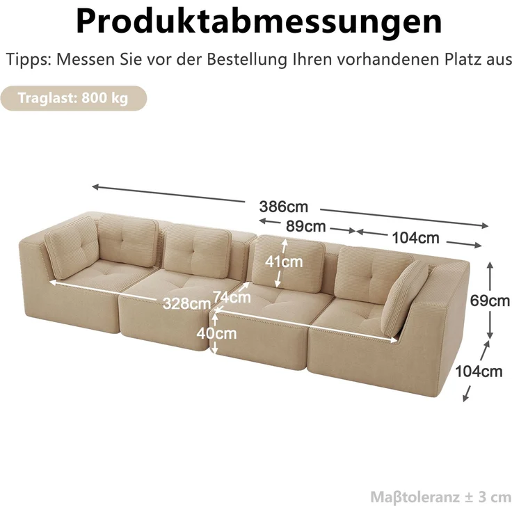 EINHOM Rahmenloses Wohnzimmersofa , modulares Ecksofa mit Eckelement, bequemes Viersitzer-Sofa mit tiefer Sitzfläche und weichen Kissen und Cordbezug, kein Aufbau erforderlich, rutschfestes Design, Beige – Bild 2