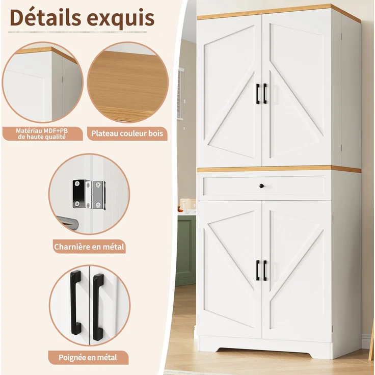 EINHOM Hochwertiger Küchenschrank mit 4 Türfächern & Schubladen (80 x 40 x 180 cm), Moderner Snack-Aufbewahrungsschrank aus MDF & Spanplatte, Buffetschrank für Esszimmer, Küche, Wohnzimmer – Bild 7