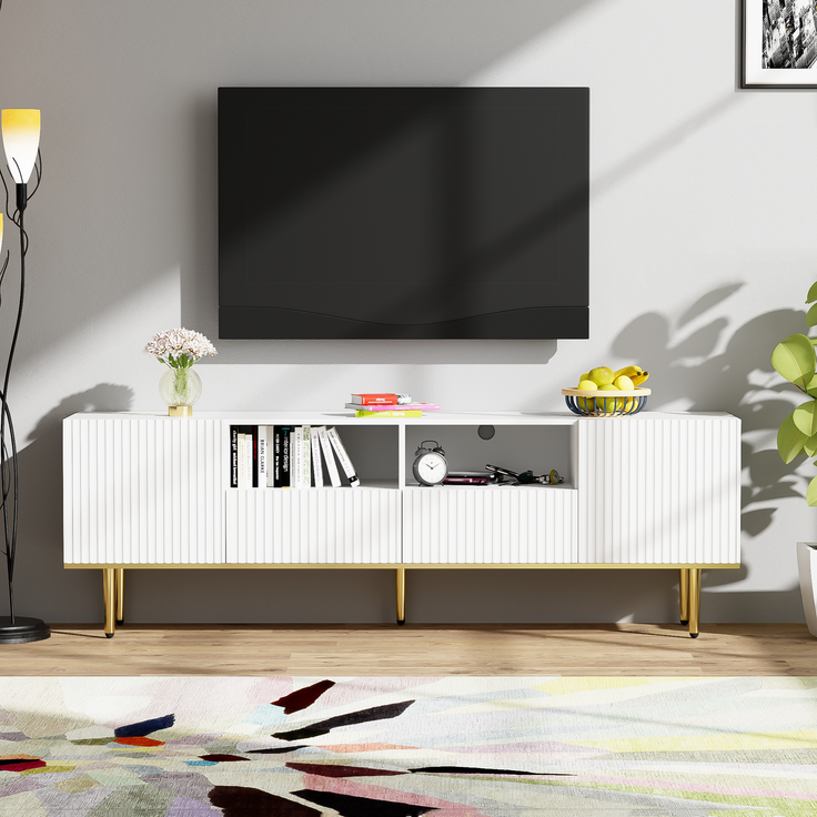 TV-Schrank 165 cm Weiß mit Gold, Lowboard Sideboard Wohnzimmerschrank, 2 Schubladen, 2 offene Fächer – Bild 8