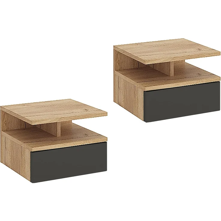 KOMTO Nachttisch Hängend mit Ablage, Wandregal mit Schublade | Nachttisch 2er Set Eiche Gold / Anthrazit, Nachtschrank Hängend, 35,4 × 32,2 × 24,6 cm