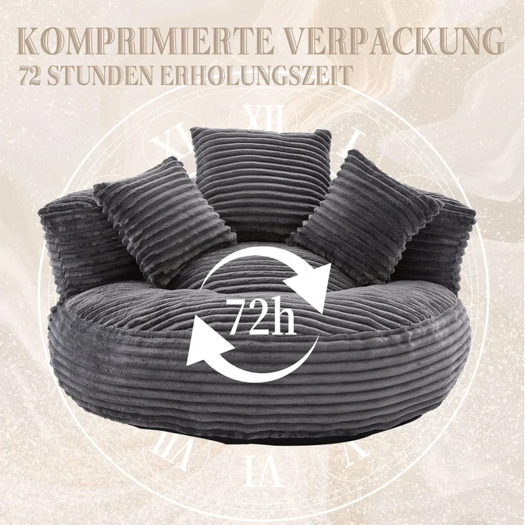 Sitzsack 108x108x52 cm in Dunkelgrau aus Cordstoff mit hoher Rückenlehne und Armlehnen – Bild 9