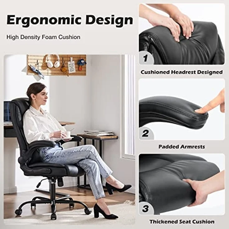 DUMOS Bürostuhl Pu-Leder Chefsessel mit Hochklappbaren Armlehnen Bürostuhle Leder mit Drehbaren Rädern Office Chair Ergonomic Geeignet für Büros Zuhause und Andere Umgebungen – Bild 4