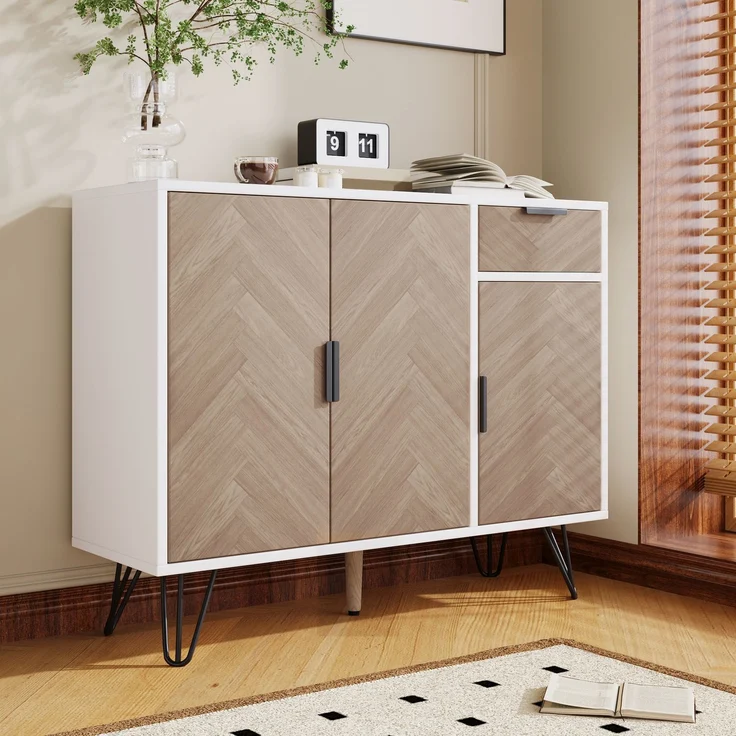 Aufbewahrungsschrank Weiss Holzoptik 90x30 cm mit Schublade und 3 Türen Metallfüße Schwarz Regal Sideboard für Wohnzimmer Flur – Bild 4