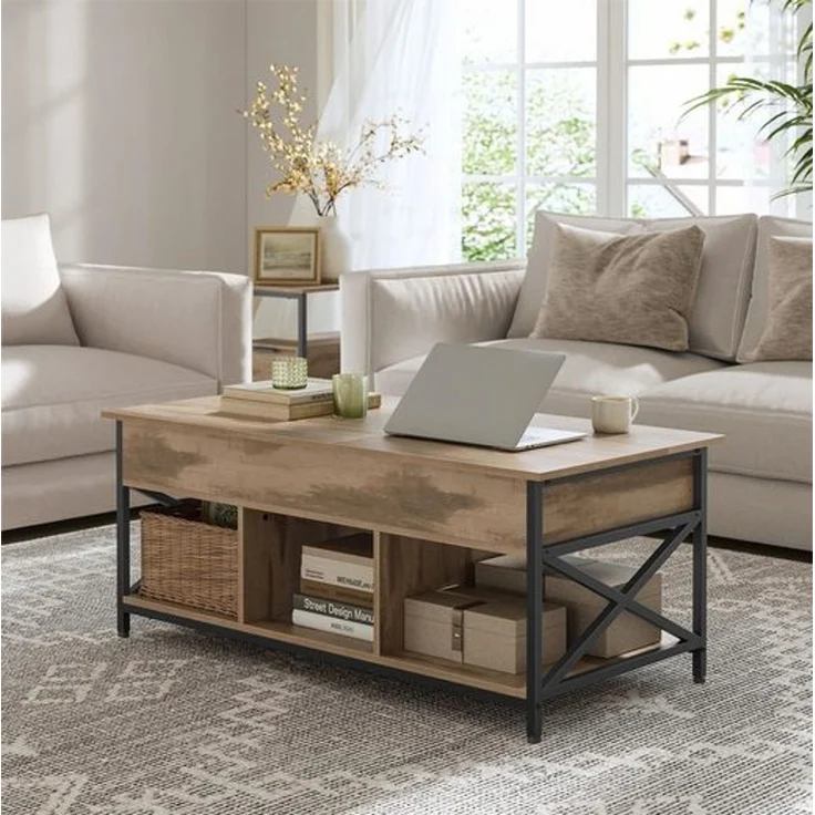 Vasagle Couchtisch, höhenverstellbarer Wohnzimmertisch, Kaffeetisch, offener und versteckter Stauraum, X-Streben, 60x120 x (48-62) cm,kamelbraun-schwarz – Bild 2